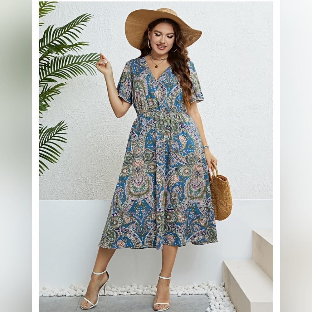 Short Sleeve V Neck Blue Green Paisley Summer Dress 2X Resortwear Plus Size - Picture 3 of 4